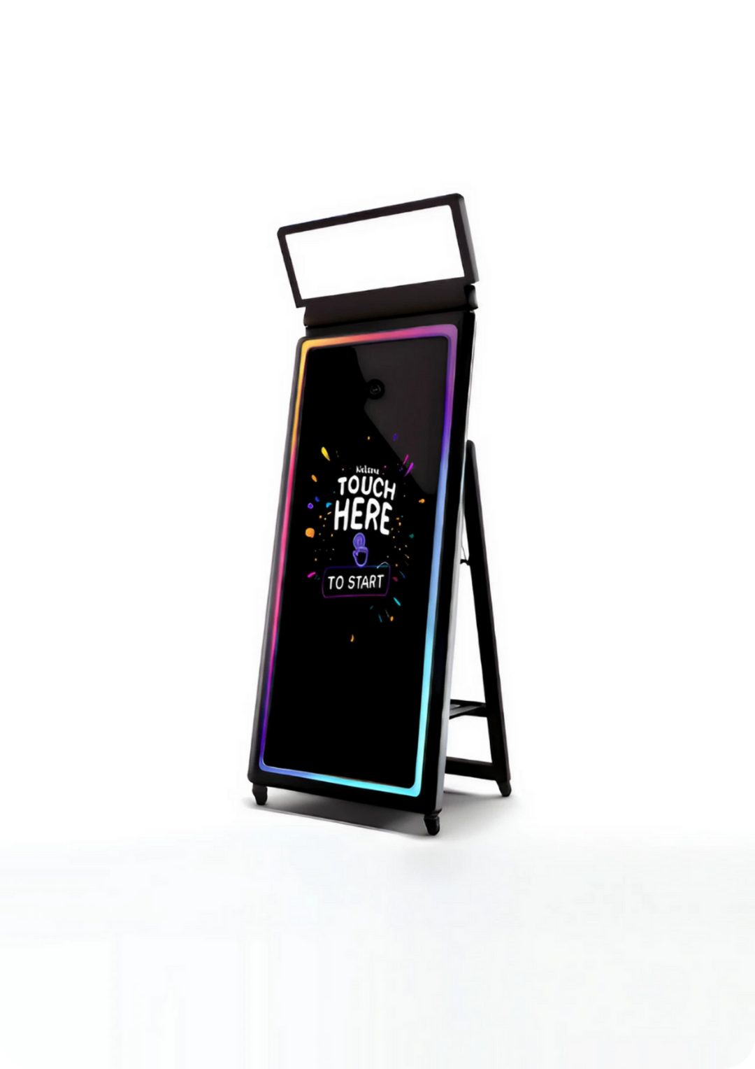 Mirror photo booth featuring a sleek, modern design with a large interactive touchscreen