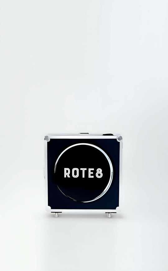 White and black suitcase labeled rote8 for the 360 Photo Booth