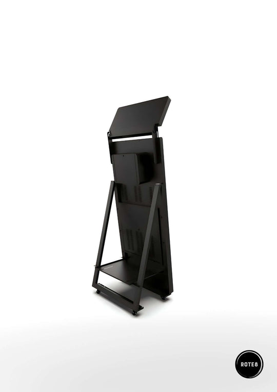 Black photo booth stand with multiple shelves