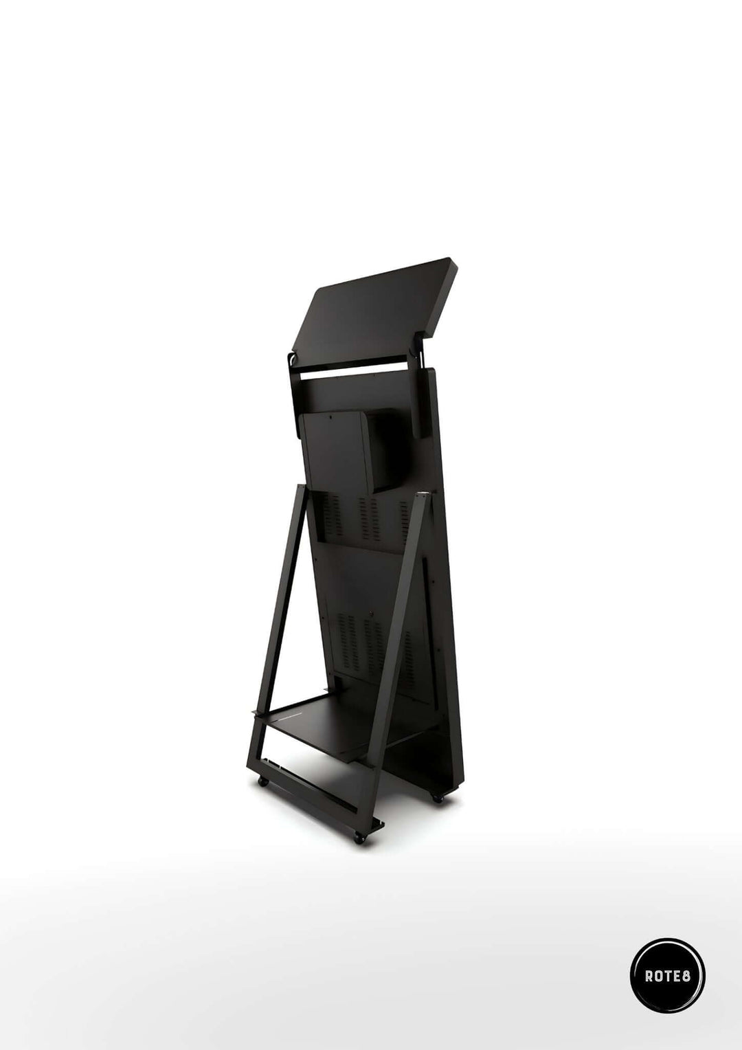 Portable mirror photo booth set up in studio, showcasing its compact and mobile design. Black photo booth stand with multiple shelves 