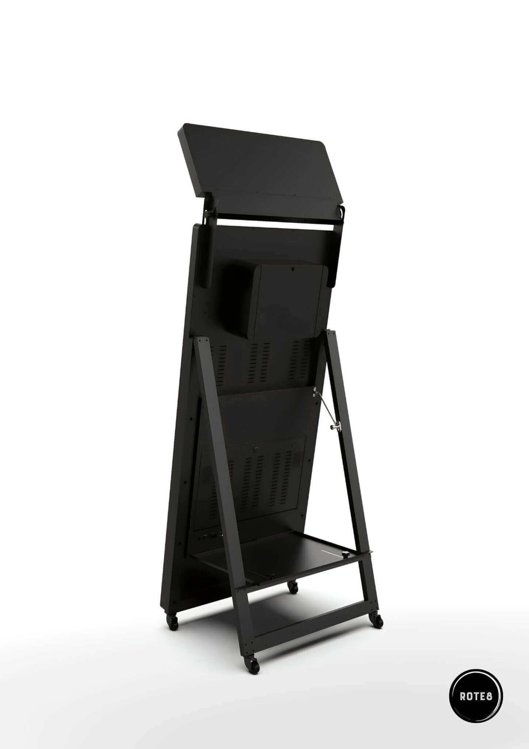 Black photo booth stand with multiple levels