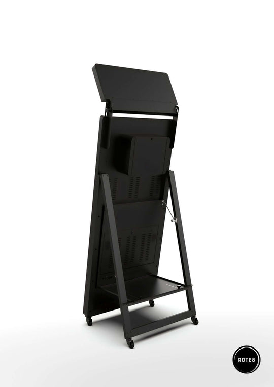 mirror photo booth stand with a black finish. Digital mirror photo booth with customizable screen displaying a welcome message.