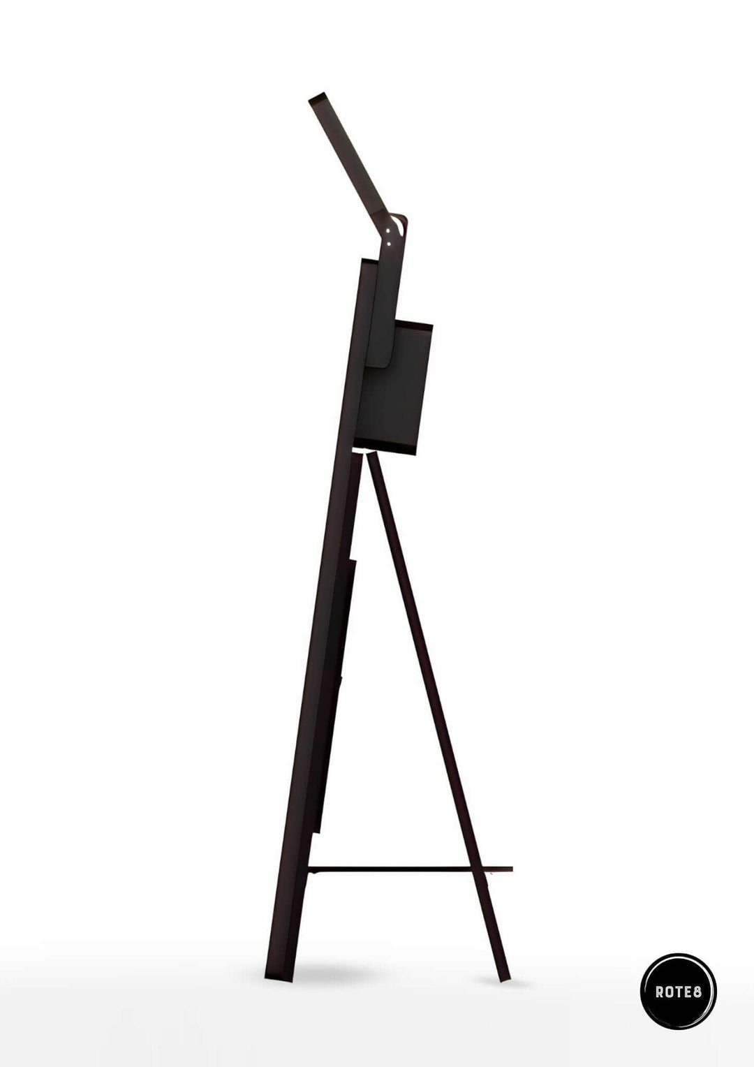 Black and white image of a tall mirror photo booth stand. High-tech mirror photo booth with advanced photo editing software interface